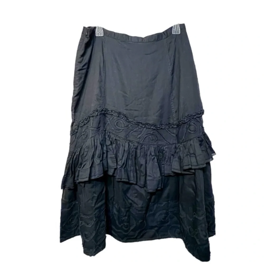 Animale by Jacques Ruc Black Full Midi Skirt Lagenlook Tiered Ruffle Embroidery - Picture 2 of 10